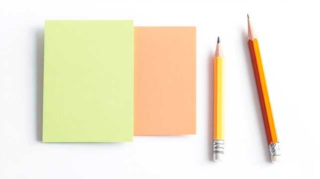 Sticky note pad with a pencil beside it positioned on a bright white background for simplicity