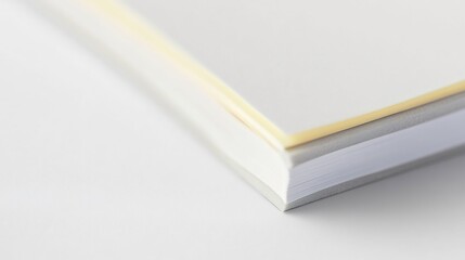 Sticky note pad with the adhesive edge in close up focus against a plain white background