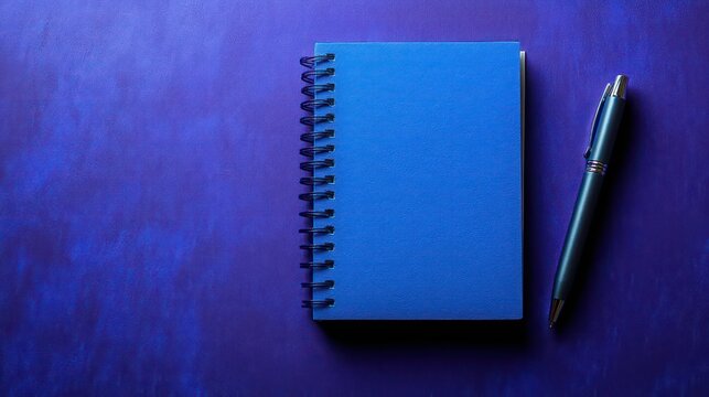 A sleek blue notebook and pen on a textured dark blue surface, offering a sense of preparedness and creativity - Powered by Adobe
