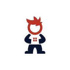 Logo design of a boy holding a house in his hands, symbolizing care, protection, childhood, and home-related values.

