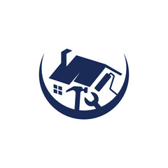 Logo design of a roof combined with work tools, symbolizing construction, home improvement, and craftsmanship with a professional and reliable appearance.

