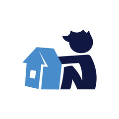 Logo design of a boy holding a house in his hands, symbolizing care, protection, childhood, and home-related values.


