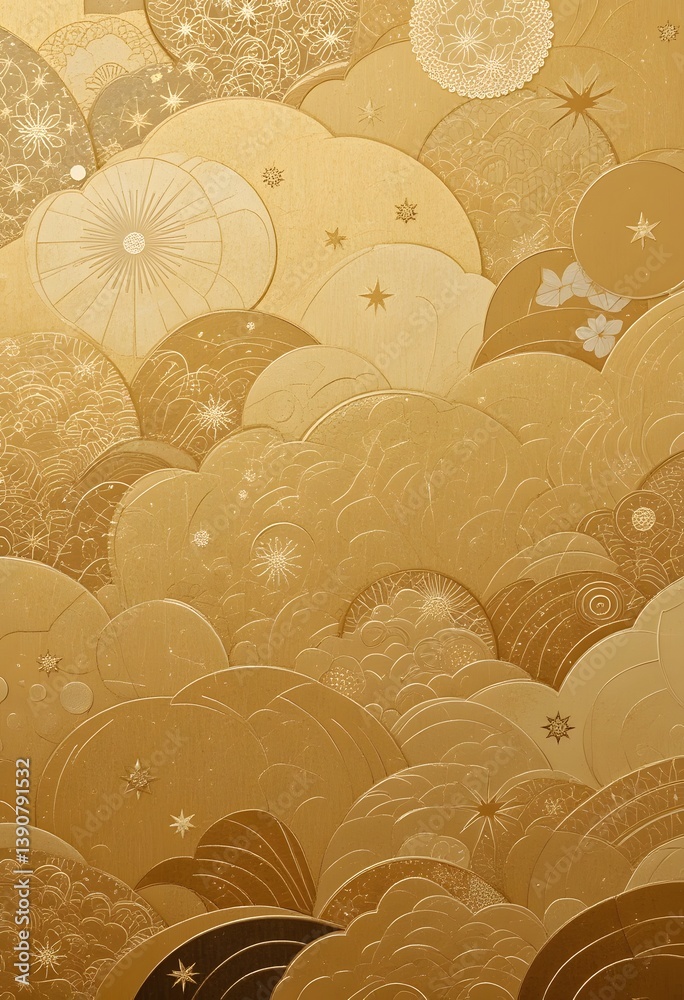 Poster golden japanese texture, cloud-like shapes, and geometric motifs create an elegant and tranquil back