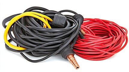 Welding cables coiled, studio shot, white background, industrial supplies