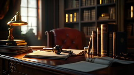 Gavel on study desk, library background, morning sun, legal concept
