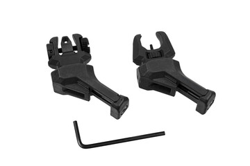 Black flip-up iron sights for firearms, paired with an L-shaped hex key, showcasing adjustability,...