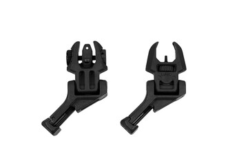 A set of lightweight black polymer sights with flip-up functionality for firearms.