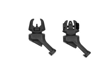 Two black polymer flip-up firearm sights designed for precision and adjustability...