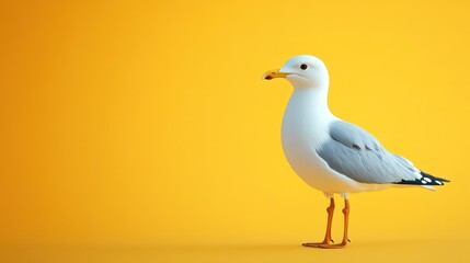 Fototapeta premium A stunning seagull on a vibrant yellow studio background, copy space