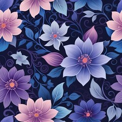 Elegant Floral Design, Blossoming Flowers With Swirls And Tendrils, Vivid Colors In Blue And Purple. Harmonious Composition For Creative Projects. Perfect For Backgrounds, Cards, And Invitations.