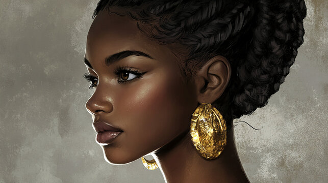 Profile portrait of a young Black woman with braided hair and large gold earrings, set against a textured background, showcasing beauty and elegance