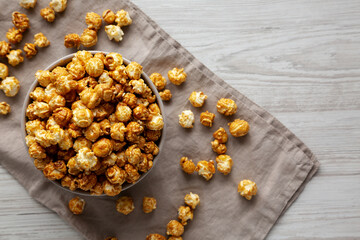 Homemade Caramel Popcorn in a Bowl, top view.