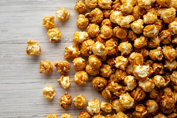 Homemade Caramel Popcorn in a Bowl, top view.