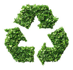Symbol representing recycling made of green leaves on a white background Generative AI