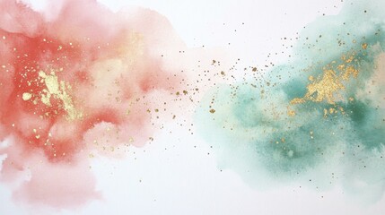 Obraz premium Watercolor Wash Texture Pink Green Gold Glitter Sparkles Abstract Painted Background