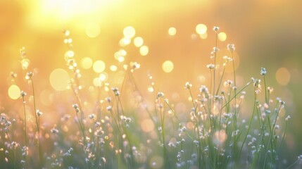 Delicate White Wildflowers Meadow Bokeh Golden Sunlight Warm Peaceful Nature Scene