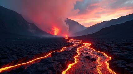 Volcanic activity sparks a mesmerizing and dangerous lava flow down the mountain as vibrant molten rock contrasts against the dark terrain at dusk.