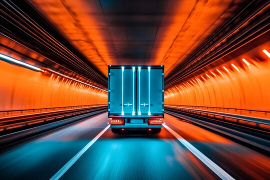 A semi-trailer with blue neon lights drives at high speed through a minimalist futuristic tunnel