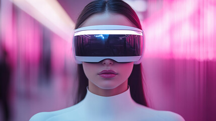 A stunning woman in sci-fi neonpunk style, wearing futuristic VR eyewear, symbolizing the integration of artificial intelligence, virtual reality, and metaverse technology.

