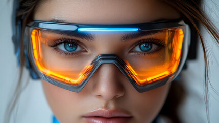 A stunning woman in sci-fi neonpunk style, wearing futuristic VR eyewear, symbolizing the integration of artificial intelligence, virtual reality, and metaverse technology.


