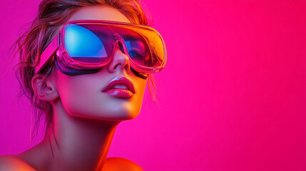 A stunning woman in sci-fi neonpunk style, wearing futuristic VR eyewear, symbolizing the integration of artificial intelligence, virtual reality, and metaverse technology.

