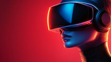 A stunning woman in sci-fi neonpunk style, wearing futuristic VR eyewear, symbolizing the integration of artificial intelligence, virtual reality, and metaverse technology.

