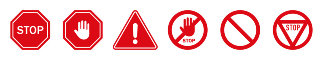 Set of red warning and stop signs including hand, exclamation mark, and no entry symbols. Ideal for road safety, caution, and traffic-related design or illustration. Stop, ban, icons, symbol, vector.