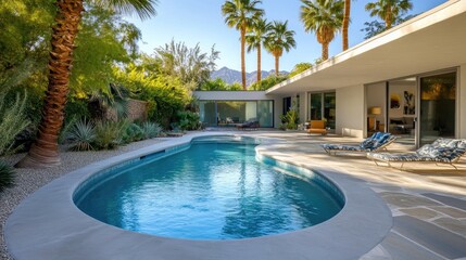 Fototapeta premium Serene Poolside Oasis Surrounded by Lush Palm Trees in a Modern Tropical Retreat