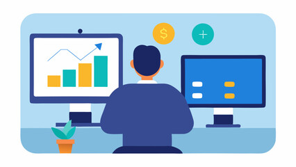 Automated Rebalancing A scenario where a financial advisor watches a computer screen which displays automated rebalancing happening in realtime with digital illustrations of