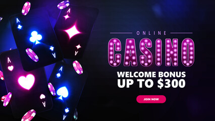 Online casino, web banner with black neon cards, poker chips and shine signboard with button