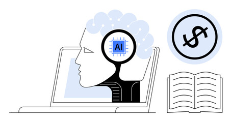 Human head with AI chip inside, laptop screen, book, dollar sign. Ideal for innovation, education, technology, finance artificial intelligence knowledge sharing digital economy. Flat simple