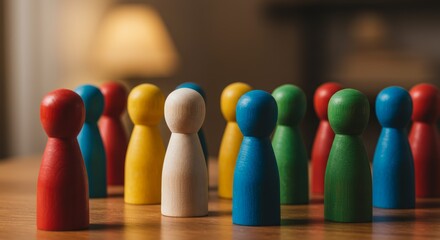 Colorful wooden figures representing diversity and inclusion in a casual setting conveying unity and cooperation surrounded by softly lit ambiance