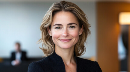 A focused, happy, smiling businesswoman stands in the foreground with a blurred background of colleagues smiling and chatting in a natural, bright, and modern office environment.

