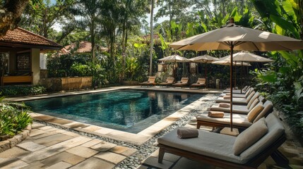 Fototapeta premium Serene Tropical Poolside Retreat Surrounded by Lush Greenery and Relaxing Lounge Chairs in a Peaceful Resort Setting