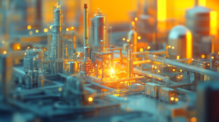 A blurred background featuring an industrial model of a nuclear or chemical plant, with elements resembling a refinery or oil station. The focus is on the miniature setup
