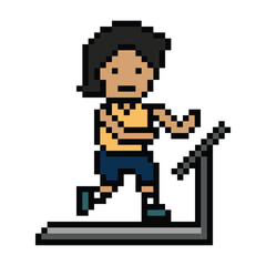Obraz premium Cute pixel cartoon exercise run 8bit character man run running jog cardio lifestyle decoration life style 8 bit male boy jog marathon exercise png game 8 bit vector.