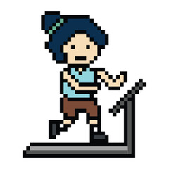 Obraz premium Cute cartoon run exercise pixel cartoon 8bit character woman lady run running jog cardio lifestyle decoration life style 8 bit female jog marathon exercise game 8 bit game vector.