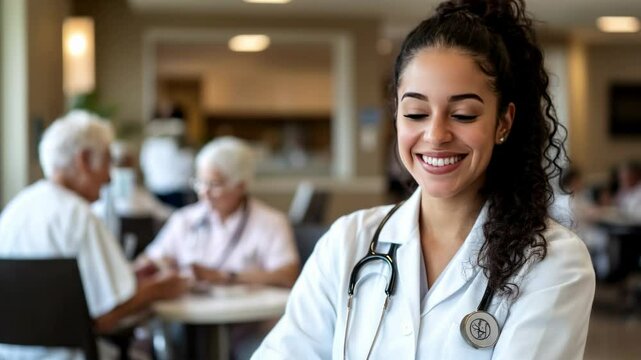 Caring nurse smiling in a healthcare facility with seniors  