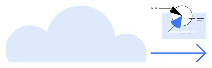 Large cloud with diagram showing analysis, process flow, and forward arrow. Ideal for data sharing, technology, cloud computing, analytics, innovation, teamwork and progress as flat simple metaphor