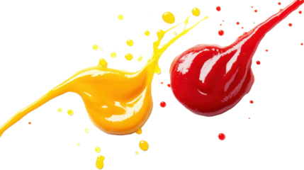 Delicious mustard and ketchup splashes on white background