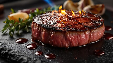 Pan seared steak being finished with kitchen torch creating small flames, filet mignon on black slate plate with thyme, roasted garlic, and red wine reduction sauce