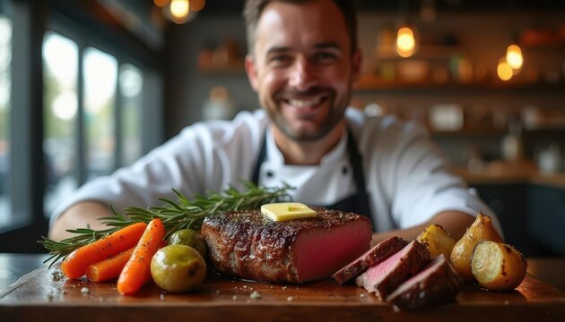 Steak with vegetables presented by professional culinarian on wooden serving board showing perfectly seared ribeye with colorful roasted sides including rainbow carrots brussels sprouts rosemary pota