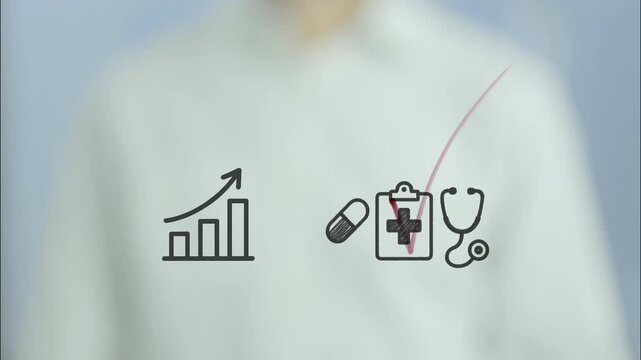 Professional businessman using transparent screen for drawing bar graph, demonstrating healthcare industry growth while eliminating medical icon with pill and stethoscope