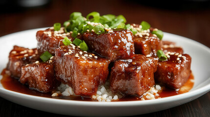 Savory stir-fried beef in teriyaki sauce with bell peppers and onions over steamed rice garnished with sesame seeds