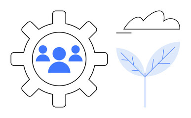 Gear with people icon represents teamwork plant and cloud emphasize growth and sustainability. Ideal for teamwork, growth, sustainability, innovation, nature, collaboration, ecology. Flat simple