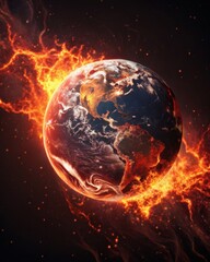 Earth engulfed in fiery flames, highlighting environmental destruction and global warming themes.