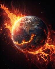 Earth engulfed in fiery flames, highlighting environmental destruction and global warming themes.