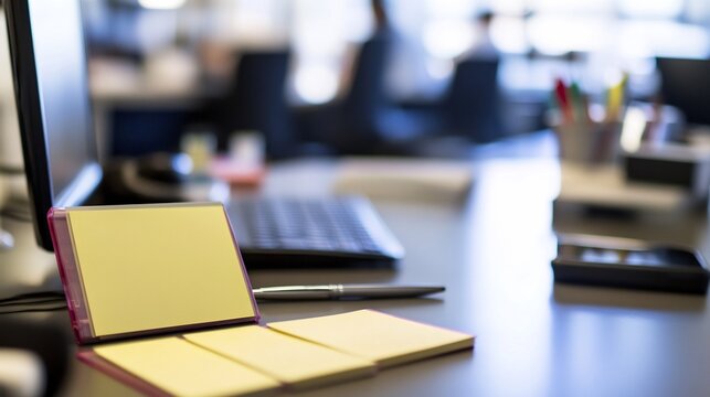 Sticky note pad resting a desk accompanied by a pen and keyboard in a busy office setting