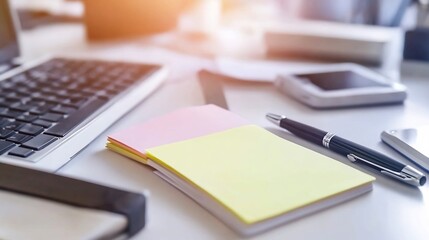 Sticky note pad resting a desk accompanied by a pen and keyboard in a busy office setting