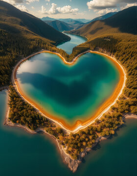 Lake in the Shape of a Heart Surrounded by Mountains and Forest (Aerial View)
